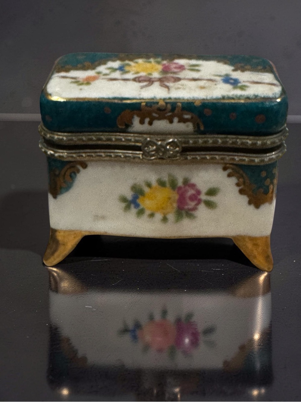Hand-Painted Porcelain Trinket Box with Floral Motif
